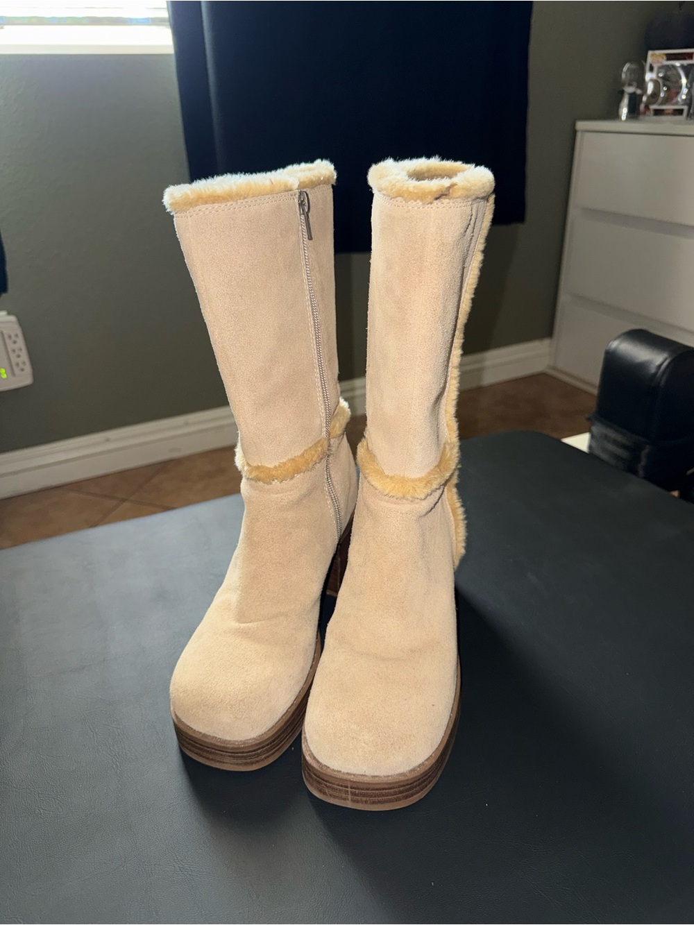 vintage Cream Faux-Suede Platform Mid-Calf Boots